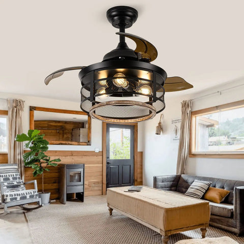 36 Inch Farmhouse Ceiling Fan With Lights, Dope Retractable Cage Blades in a cozy living room setting, black industrial style.