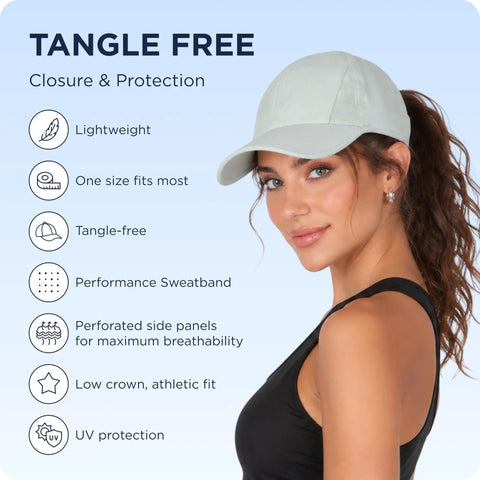 Woman wearing Womens High Ponytail Baseball Cap With Patented Open Back Design For Easy Ponytails And Curls Tangle Free Velcro Ultra Lightweight
