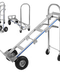 Convertible Aluminum Hand Truck With Two Wheel To Four Wheel Switch, Folding Hand Cart, Swivel Design, Wide Loading Platform, Rust Proof Aluminum Alloy, Large Pneumatic Rear Wheels For Warehouse, Store, And Job Site. folded and extended views