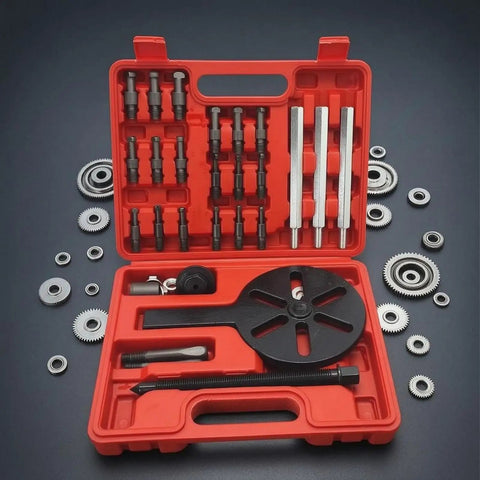 Thinking Process: red metal universal bearing remover tool kit set with case, arms, screws, and puller plate