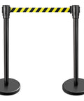 Stanchions Set Of 2, 36-Inch High, 6.5-Foot Retractable Belt, Boss-Grade Heavy-Duty Steel With Black Powder Coat, Hazard Pattern Crowd Control Posts For Events And Venues