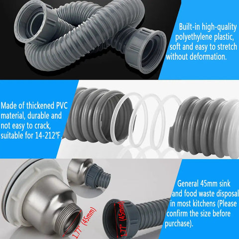 Flexible 1-1/2 Inch Kitchen Sink Drain Pipe With P Trap And Adapter showcasing expandable, durable material and easy installation.