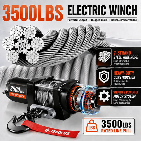 Foldable Electric Pickup Truck Crane With 3500 Pound Load Rating And Rock Solid Alloy Steel Build showing a 3500lbs electric winch with steel wire rope.