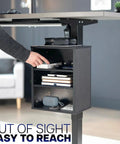 Clamp-On Under Desk Shelving Unit For Office Supplies, Gaming Devices, And More, Multi Level Desk Organizer, Space Saving C-Clamp Shelves, Easy Access Storage, Black Finish, showcasing hand accessing organized shelves