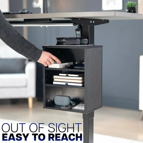 Clamp-On Under Desk Shelving Unit For Office Supplies, Gaming Devices, And More, Multi Level Desk Organizer, Space Saving C-Clamp Shelves, Easy Access Storage, Black Finish, showcasing hand accessing organized shelves