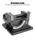 Rock Solid Heavy Duty 3 Inch Drill Press Vise With Cast Iron Frame And Hardened Steel Jaws showing zero slip clamp and accuracy scale.