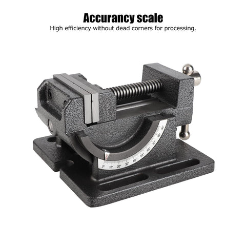 Rock Solid Heavy Duty 3 Inch Drill Press Vise With Cast Iron Frame And Hardened Steel Jaws showing zero slip clamp and accuracy scale.