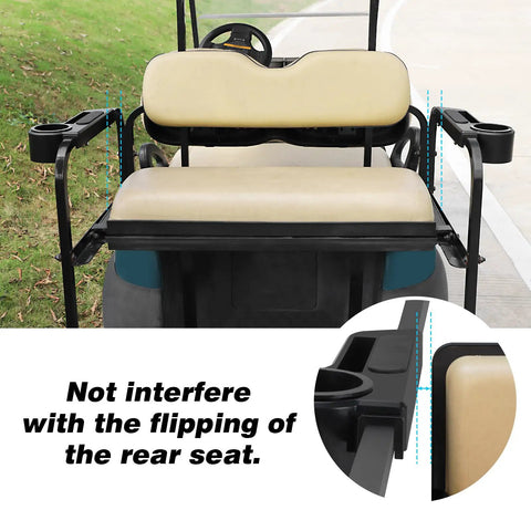 Golf Cart Armrest With Cup Holder And Rear Seat Rests For EZGO Club Car Yamaha And Most Golf Carts, 3rd Gen Upgrade shown on golf cart