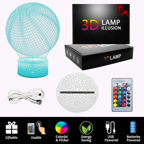 Basketball Night Light 3D Illusion RGB Lamp With Remote Dimmable Night Light For Kids Teens NBA Fans Dope Gift Idea For Birthday Xmas Boys Girls Perfect For Playrooms Bedrooms Sleepovers showing lamp, box, remote, and cable.