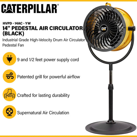 14-inch yellow and black industrial grade pedestal drum fan with patented grill and high-velocity airflow