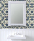 Premium Navy Trellis Wallpaper With Snazzy Linen Weave Hella Durable Polyester Surface in bathroom with mirror and sink.