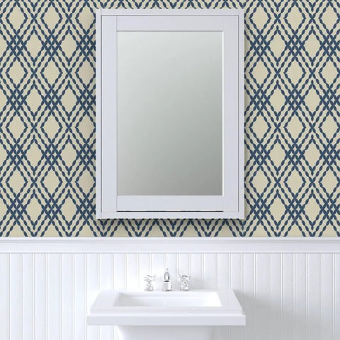 Premium Navy Trellis Wallpaper With Snazzy Linen Weave Hella Durable Polyester Surface in bathroom with mirror and sink.