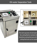 Heavy Duty Industrial Coolant Oil Skimmer With Oil Water Separator For CNC Machine Cutting Fluid Recycling At 13 Gph 2Mm Filter is a stainless steel oil-water separation tank with controls.