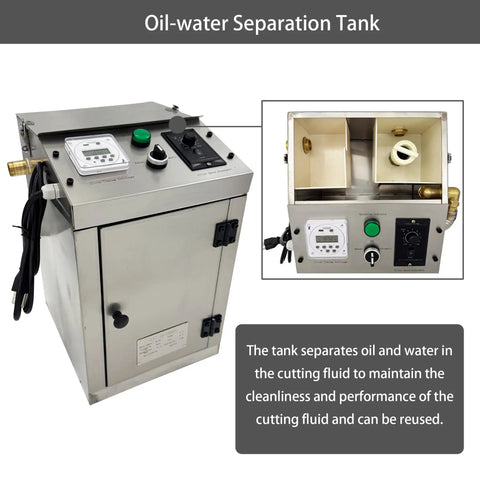 Heavy Duty Industrial Coolant Oil Skimmer With Oil Water Separator For CNC Machine Cutting Fluid Recycling At 13 Gph 2Mm Filter is a stainless steel oil-water separation tank with controls.