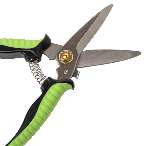 Green handled shears with stainless steel blades, featuring a visible spring mechanism.