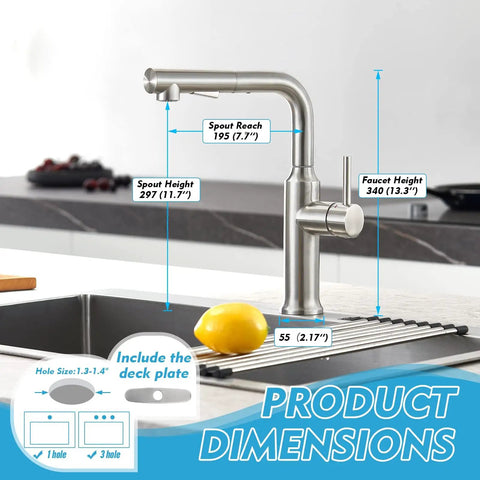 Dimensions of Kitchen Faucets With Pull Down Sprayer And Magnetic Docking In Brushed Nickel For Bar Sinks And RV Installations shown