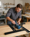 Pro Grade Saw Guide Rail With Adjustable Support Bracket For Rock Solid Alignment And Killer Precision Cuts Perfect For Weekend Warriors And Smooth Routing Projects, man adjusting circular saw on wood.