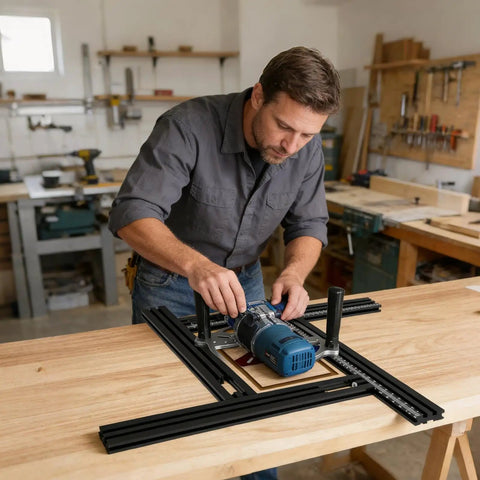 Pro Grade Saw Guide Rail With Adjustable Support Bracket For Rock Solid Alignment And Killer Precision Cuts Perfect For Weekend Warriors And Smooth Routing Projects, man adjusting circular saw on wood.