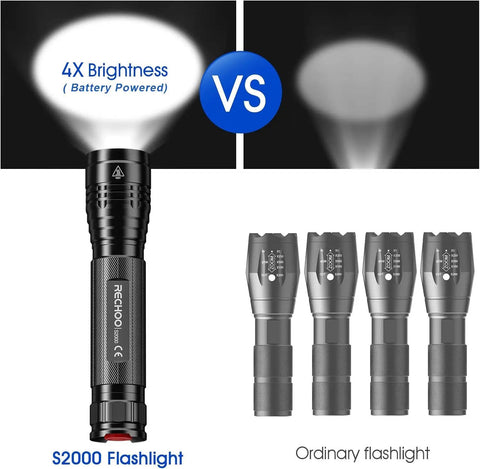 S2000 LED Flashlight Ultra Bright Mid Size Tactical Torch With Zoom 3 Modes next to ordinary flashlight comparison