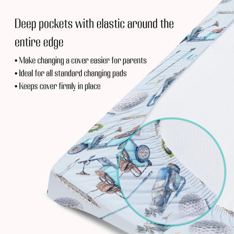 Close-up of Unisex Baby Changing Pad Cover with deep pockets, showing watercolor golf-themed blue pattern and elastic edge.
