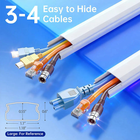 Large Wall Cord Hider for 3 to 4 Cables with Snap On Design showing cords neatly concealed and dimensions in white.