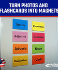Roll N Cut Flexible Magnetic Tape Refill With Crazy Sticky Adhesive Backing displaying colorful flashcards as magnets on a whiteboard.