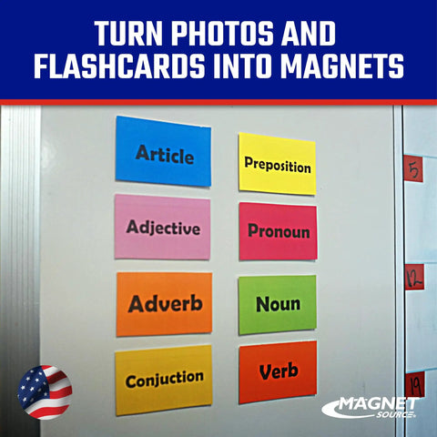 Roll N Cut Flexible Magnetic Tape Refill With Crazy Sticky Adhesive Backing displaying colorful flashcards as magnets on a whiteboard.