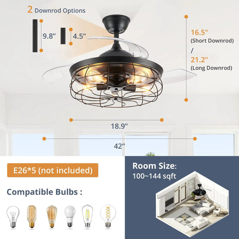 Dimensions and details of Dope 42 Inch Retractable Ceiling Fan With Lights In Farmhouse Industrial Style Caged Fandelier