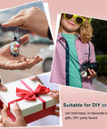 Leather Keychain Blanks Set with personalized image gift in hand, child with camera, and a wrapped box, suitable for DIY crafts