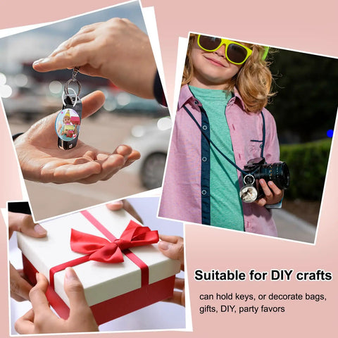 Leather Keychain Blanks Set with personalized image gift in hand, child with camera, and a wrapped box, suitable for DIY crafts