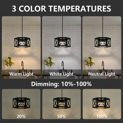 Farmhouse Pendant Light With Wood And Metal Cage showing 3 color temperatures and brightness levels above kitchen island