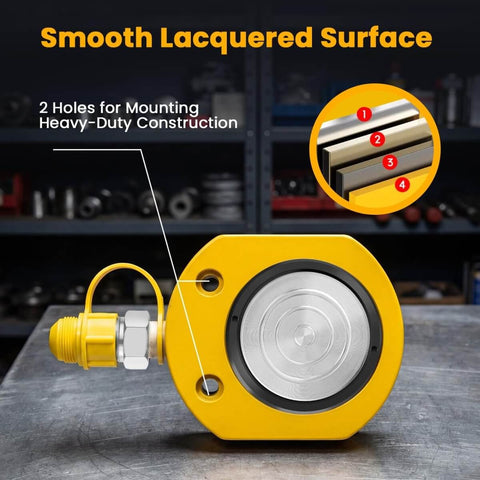 5 Ton Low Profile Hydraulic Jack Kit With CP-180 Manual Pump on workbench, smooth lacquered surface, heavy-duty construction details