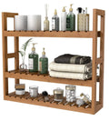 3 Tier Bamboo Wall Mount Shelf Organizer For Bathroom And Kitchen, Adjustable Over Toilet Storage Rack, filled with bathroom items