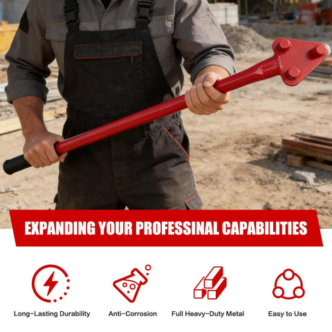 Essential Manual Rebar Bender Tool With Anti Slip Design For Heavy Duty Steel Bending and Construction Projects Durable Carbon Steel Pipe Handle and Thick Head great for DIY Metal Working Tasks held by a worker on site.