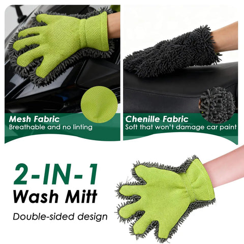 2-in-1 wash mitt with mesh and chenille fabric from 9 Piece Motorcycle Cleaning Kit All-In-One Dope Pro Grade Detailing Bundle.