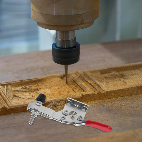 10 Piece Quick Toggle Clamps Set For Vertical Downward Push Heavy Duty Hold Downs For Woodworking And Welding Desktop Clamp Tool Anti Rust Finish Easy Lever Action Rock Solid For Assembly Jigs And Fixtures shown beside a woodworking table.