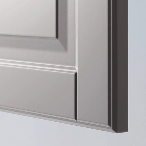 Close-up of Hella Spacious Tall Pantry Cabinet Featuring Slick No Hassle Pull Out Slides in Bright White and Charcoal Grey Finish.