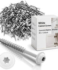 Heavy Duty White Cabinet Screws Bulk Pack Number Nine By One Three Quarter Inches Wood Fasteners For House Makeovers And Furniture Builds Approximately Two Forty Pieces with a pile of screws and box packaging.