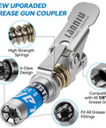 Front view of chrome grease gun coupler with locking lever, 6-claw head, and visible springs for 1/8" NPT fittings.