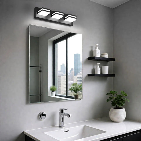 No Sweat Dimmable Led Bathroom Light Fixture Three Bulb Vanity Wall Lamp with matte black frame above sleek bathroom mirror.