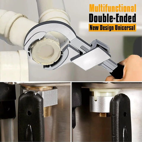 Adjustable Double Ended Wrench Set For Plumbing And Sanitary Installations Multifunction Wrench in use on pipes