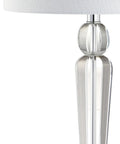 Crystal Clear Table Lamp In Modern Glam Style With White Linen Drum Shade, Sleek Chrome Finish, LED Bulb Included, ETL Listed For 120V Safety