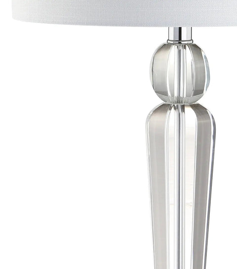 Crystal Clear Table Lamp In Modern Glam Style With White Linen Drum Shade, Sleek Chrome Finish, LED Bulb Included, ETL Listed For 120V Safety