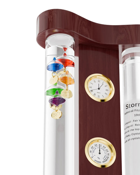 4 In 1 Indoor Weather Station With Glass Galileo Thermometer Fitzroy Storm Glass Precision Quartz Clock And Hygrometer on cherry wood base