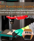 Leather Stitching Punch Kit With Four 4mm Hole Punch Tools Prong Set 1 2 4 6 for Craft Projects in drill press demonstration.