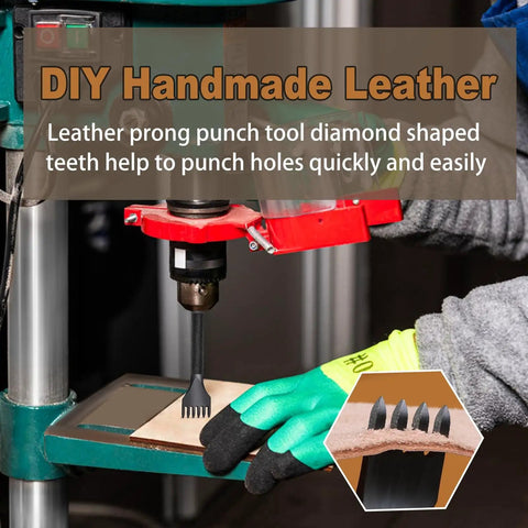 Leather Stitching Punch Kit With Four 4mm Hole Punch Tools Prong Set 1 2 4 6 for Craft Projects in drill press demonstration.