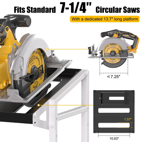 Heavy Duty Metal Circular Saw Holder Wall Mount And 3 Tier Tool Organizer showing 7-1/4 inch saw compatibility on stand.