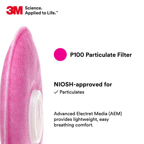 Close-up of Pink P100 Particulate Filter 2091, NIOSH approved, side view showing filter texture and label on white background.