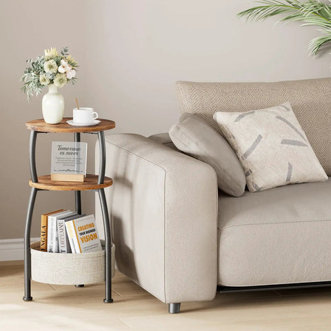 3 Tier Round Side Table With Storage Basket 24 Inch Tall Rustic Brown Space Saving End Table for Tight Spaces beside sofa