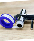 20 Rolls PTFE Tape High Temperature Waterproof Thread Sealant For Plumbing next to a metal valve on a wooden surface.
